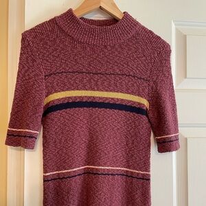 Free People Women's Cotton Blend Short Sleeve Burgundy Striped Sweater Size M